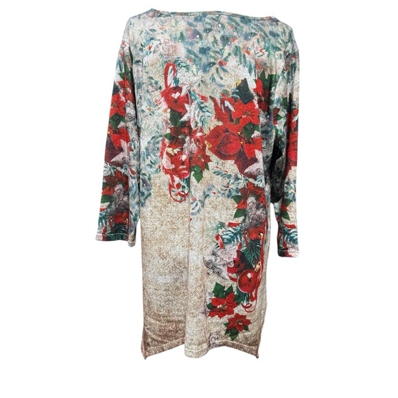 One World NWT Poinsettia Holiday Asymmetrical Top 2X Rhinestone Floral Christmas - Picture 2 of 14